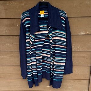 Ruby Rd. Navy Striped Knit Open Fromt Cardigan with Peach and Teal size XL